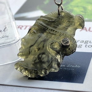 Genuine TOP Moldavite GLYPTIC with Diamond, 14k solid white Gold pendant,ART raw Moldavite glyptic, gold moldavite charm,unique pendant,gold