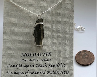 Hanger ruwe moldaviet: sterlingzilveren tektietketting, Tsjechië, Moldaviet-bedel