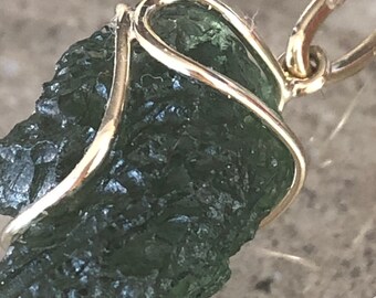 14k Gold Raw Moldavite Pendant: Czech Tektite Crystal Charm, solid gold, certified Moldavite gem
