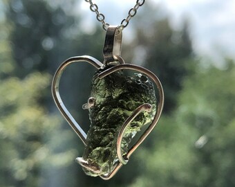 Raw Moldavite Heart Pendant: Sterling Silver, Handcrafted Czech Jewelry
