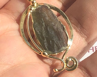 Raw Moldavite Pendant: 10ct Gold Vermeil Necklace, certified Moldavite, Czech Moldavite, handmade jewelry