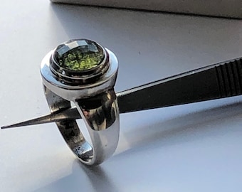 Moldavite Ring: Sterling Silver, Faceted Czech Tektite, Certified Moldavite