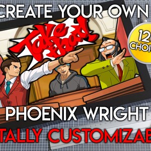 Peut inclure: Une œuvre d'art encadrée représentant des personnages de la série de jeux vidéo Phoenix Wright. L'image comprend le texte "Take That !" dans une bulle, "Phoenix Wright" et "Totalement personnalisable". Un graphique circulaire indique "120+ CHOIX".