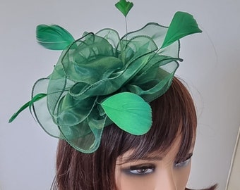 Forest Green Colour Satin Fascinator With Flower With Headband and Clip Wedding Hat,Royal Ascot Ladies Day