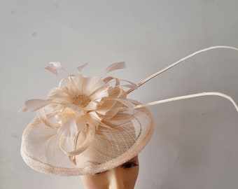 Champagne Colour Fascinator With Flower and Veil Headband and Clip Wedding Hat,Royal Ascot Ladies Day