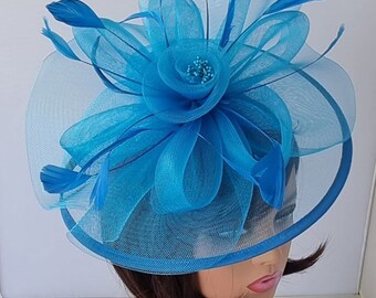 Lake Blue Colour Fascinator With Flower and Headband with Clip Wedding Hat,Royal Ascot Ladies Day
