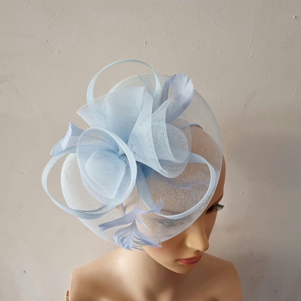 Babyblau, hellblau, hellblauer Fascinator mit Blumen-Stirnband und Clip-Hochzeitshut, Royal Ascot Ladies Day