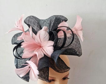 Black and Light Pink Fascinator Sinamay Curls with Flower Headband and Clip Wedding Hat,Royal Ascot Ladies Day