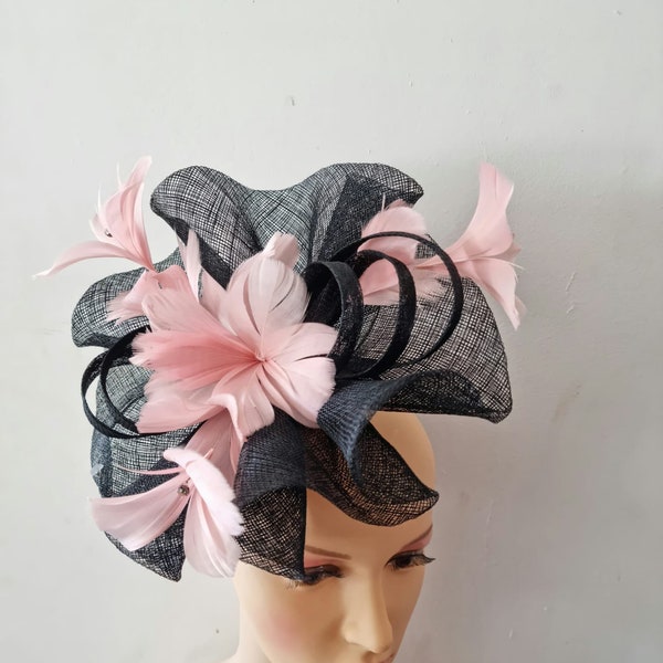 Black and Light Pink Fascinator Sinamay Curls with Flower Headband and Clip Wedding Hat,Royal Ascot Ladies Day