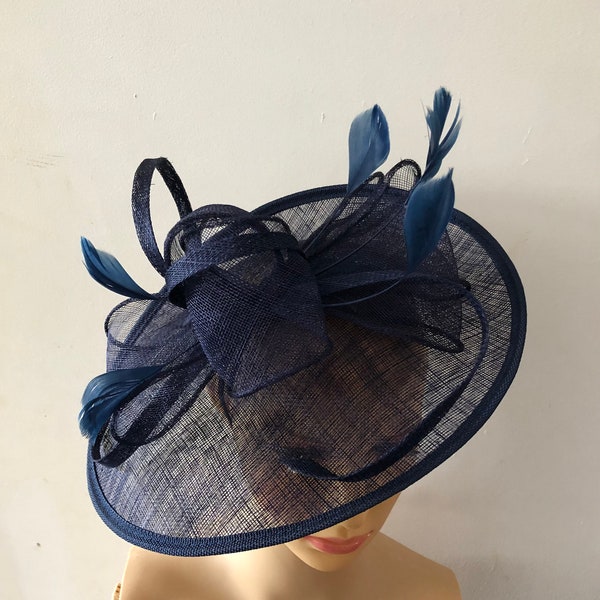 Navy Blue Colour Large Fascinator With Flower Headband and Clip Wedding Hat,Royal Ascot Ladies Day