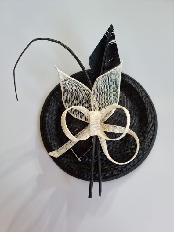 Black and Cream Round Fascinator With Flower and Veil Headband and