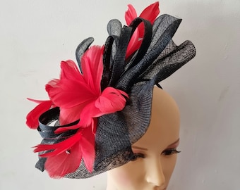 Black and Red Fascinator Sinamay Curls with Flower Headband and Clip Wedding Hat,Royal Ascot Ladies Day