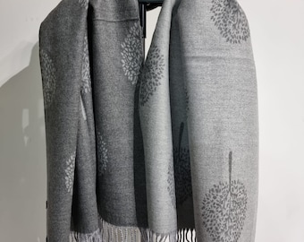 Grey Soft Ladies Mulberry Tree of Life Print Thick Pashmina Tassel Scarf Christmas Gift