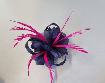 New Navy Blue and Hot Pink Feather Colour Small size Fascinator with clip For wedding day ,Women’s Day