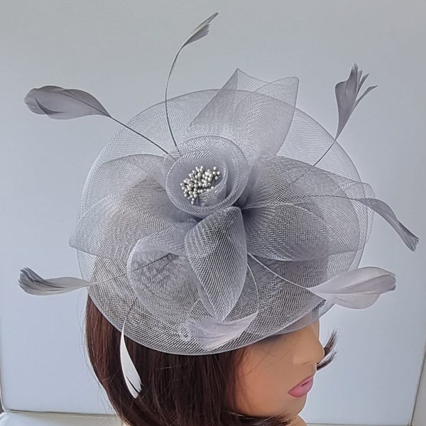 Silver Colour Fascinator With Flower and Headband with Clip Wedding Hat,Royal Ascot Ladies Day