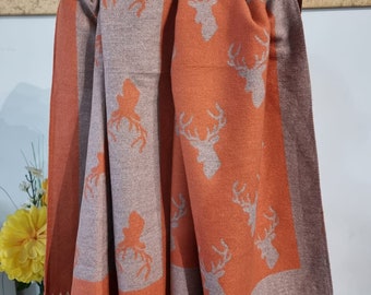 Orange Colour Soft Ladies Reindeer Print Thick Pashmina Scarf Christmas Gift,Birthday Gift,Birthday Gift