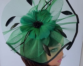 Green Colour With Black Fascinator With Flower and Headband with Clip Wedding Hat,Royal Ascot Ladies Day