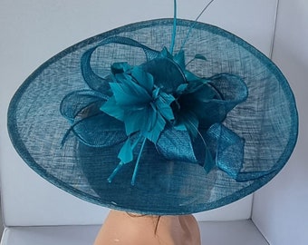 Teal Blue Colour Large Fascinator With Flower Headband Wedding Hat,Royal Ascot Ladies Day