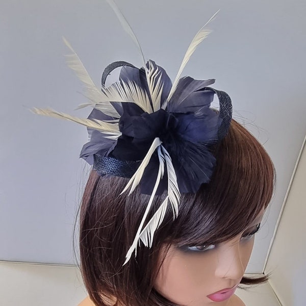 Navy Blue with white Feather Small Fascinator With Flower Clip Wedding ,Royal Ascot Ladies Day