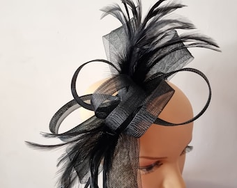 Fascinator noir avec bandeau à fleurs et chapeau de mariage à clip, Royal Ascot Ladies Day