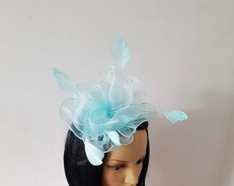 Turquoise Blue ,Light Blue Colour Satin Fascinator With Flower With Headband and Clip Wedding Hat,Royal Ascot Ladies Day