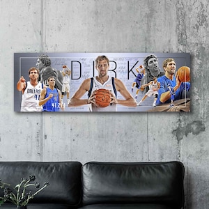 May include: A rectangular wall art piece featuring a collage of images of a basketball player holding a basketball. The word "DIRK" is displayed in large letters. The player is wearing a white and blue jersey with the number 41.