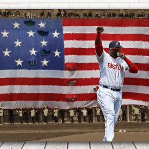 May include: An artistic rendering of a baseball player in a Boston uniform, raising his fist in triumph. The backdrop is a large American flag with a distressed, vintage look. The image evokes patriotism and sportsmanship.