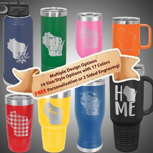 State Of Wisconsin Engraved 30oz Stainless Steel Tumbler, Home Is Wisconsin 20oz Travel Mug, Rustic Wisconsin Decor Engraved Drinkware