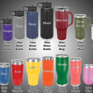 May include: A variety of stainless steel tumblers and water bottles in different sizes and colors. The tumblers include a 10oz teal tumbler, 16oz blue pint, 20oz red tumbler, 30oz yellow tumbler, 22oz orange skinny tumbler, 20oz green pilsner, 14oz coral pilsner, 16oz wine tumbler, and 12oz light blue wine tumbler. The water bottles include a 10oz pink sippy cup, 12oz purple water bottle, 20oz grey water bottle, 32oz navy water bottle, 40oz black water bottle, 40oz maroon travel mug, 20oz olive green travel mug, and 15oz white coffee mug.
