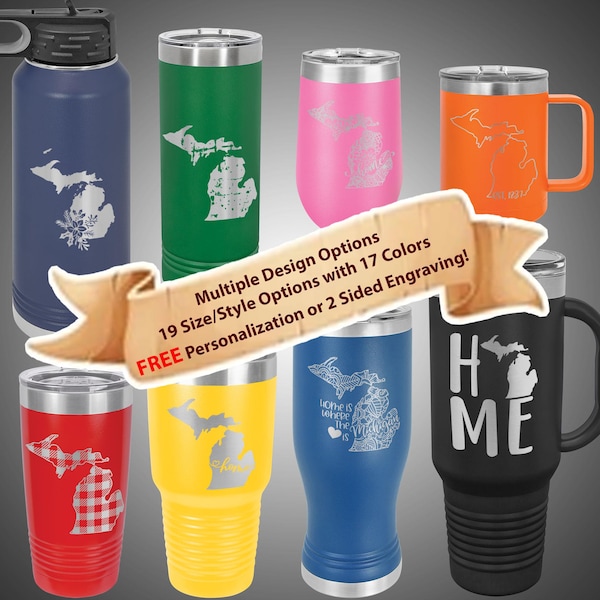State Of Michigan Engraved 30oz Stainless Steel Tumbler, Home Is Michigan 20oz Travel Mug, Rustic Michigan Decor Engraved Drinkware, MI Cup
