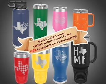 Personalized Texas Tumbler – Laser Engraved Polar Camel Drinkware – 12 TX Designs, 17 Colors, 19 Sizes – Custom Name Travel Mug/Water Bottle