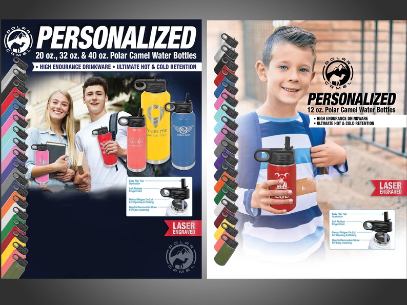 May include: Personalized 20, 32, and 40 ounce Polar Camel water bottles with a laser engraved design. The bottles are shown in red, yellow, and blue. The bottles are made of high endurance drinkware and have ultimate hot and cold retention.