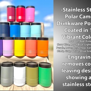 May include: A collection of 17 color-coated stainless steel Polar Camel drinkware powder-coated tumblers. The colors include maroon, red, pink, navy blue, royal blue, light blue, teal, purple, lavender, yellow, coral, orange, black, gray, white, olive green, and green. The text on the image reads: "Stainless Steel Polar Camel Drinkware Powder Coated in 17 Vibrant Colors Maroon, Red, Pink Navy Blue, Royal Blue, Light Blue, Teal Purple, Lavender, Yellow, Coral, Orange Black, Gray, White, Olive Green, Green -Engraving removes color leaving design showing as stainless steel"