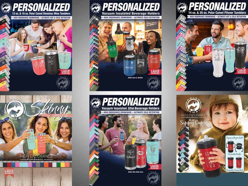 May include: Four different product flyers for personalized, vacuum insulated beverage holders and tumblers. The flyers feature images of people holding the products and a variety of color options. The text on the flyers includes the product names, sizes, and features. The flyers are all in a similar style with a white background and a black and white logo.