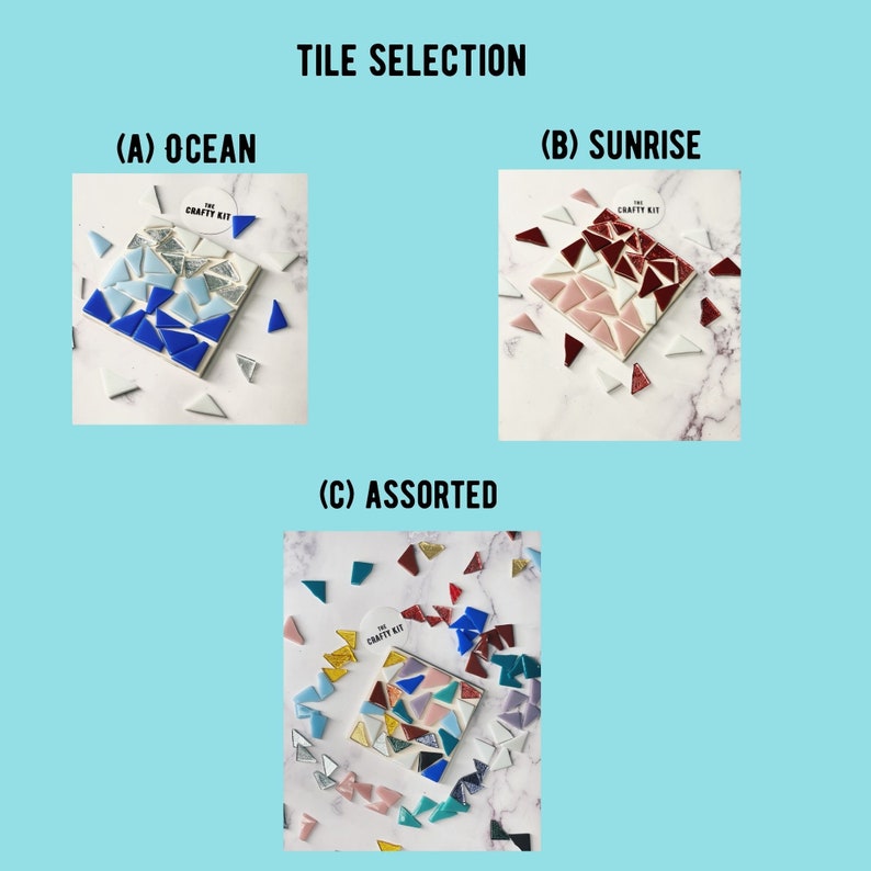 May include: Three different tile selections for mosaic crafts. The first selection is called "Ocean" and features blue, white, and silver tiles. The second selection is called "Sunrise" and features red, white, and pink tiles. The third selection is called "Assorted" and features a variety of colors including red, blue, green, yellow, pink, and white.