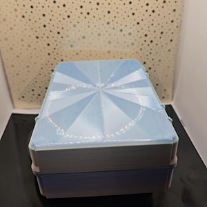 Pu&ograve; includere: Una scatola azzurra con un motivo geometrico e un coperchio abbinato. Il coperchio presenta un motivo a stella e una sottile lucentezza iridescente. La scatola rettangolare sembra essere di plastica. Lo sfondo &egrave; un motivo a stelle.