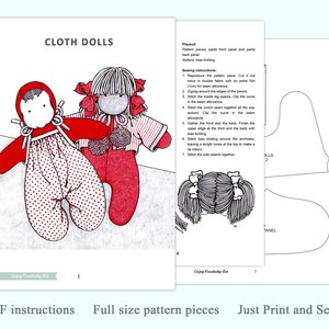 May include: A printable PDF pattern for making cloth dolls. The pattern includes instructions for sewing a playsuit with bias binding. The image shows two dolls, one wearing a red playsuit with white polka dots and the other wearing a red and white striped shirt. The text "Just Print and Sew!" is at the bottom of the image.
