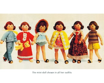Vintage cloth doll sewing pattern Tiny rag doll pattern and 6 outfits PDF