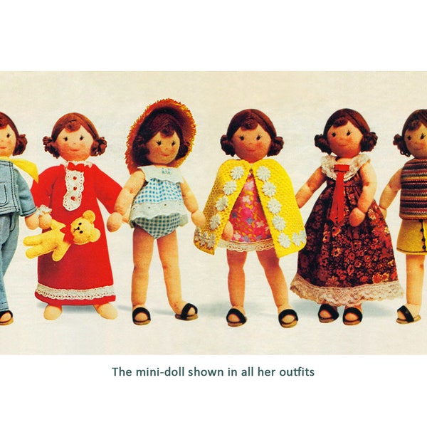 Vintage cloth doll sewing pattern Tiny rag doll pattern and 6 outfits PDF