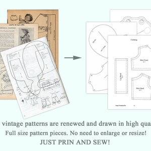 May include: Printable doll clothing patterns for a doll with a head, legs, and a shirt. The patterns are black and white and include instructions for sewing the clothing. The text on the page says "Clothing", "Shirt Front", "Shirt Back", "Leg Hand", and "Bead".