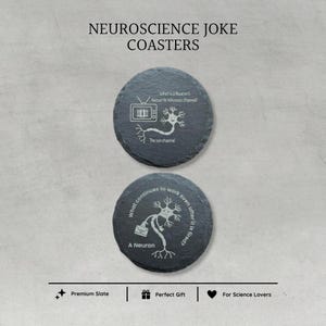 Gravierte Schiefer-Untersetzer mit Neurowissenschafts-Witzen – Geschenke für Biologie-Fans