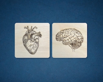 Handmade wood burned Anatomical heart and brain Biology/Physiology/ neuroscience coasters