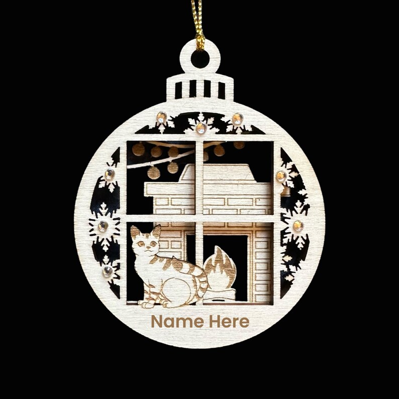 Cat on Window by the Fireplace 3D Christmas Bauble / Cat Christmas