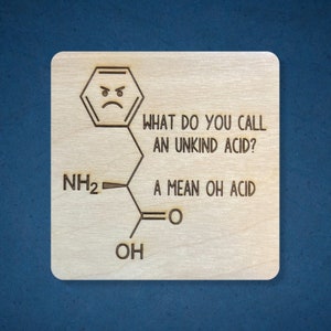 Handmade wood burned Amino acid pun coasters /Biology coasters /Biology gifts/ Neuroscience coasters/ Pharmacology/Cell Biology coasters