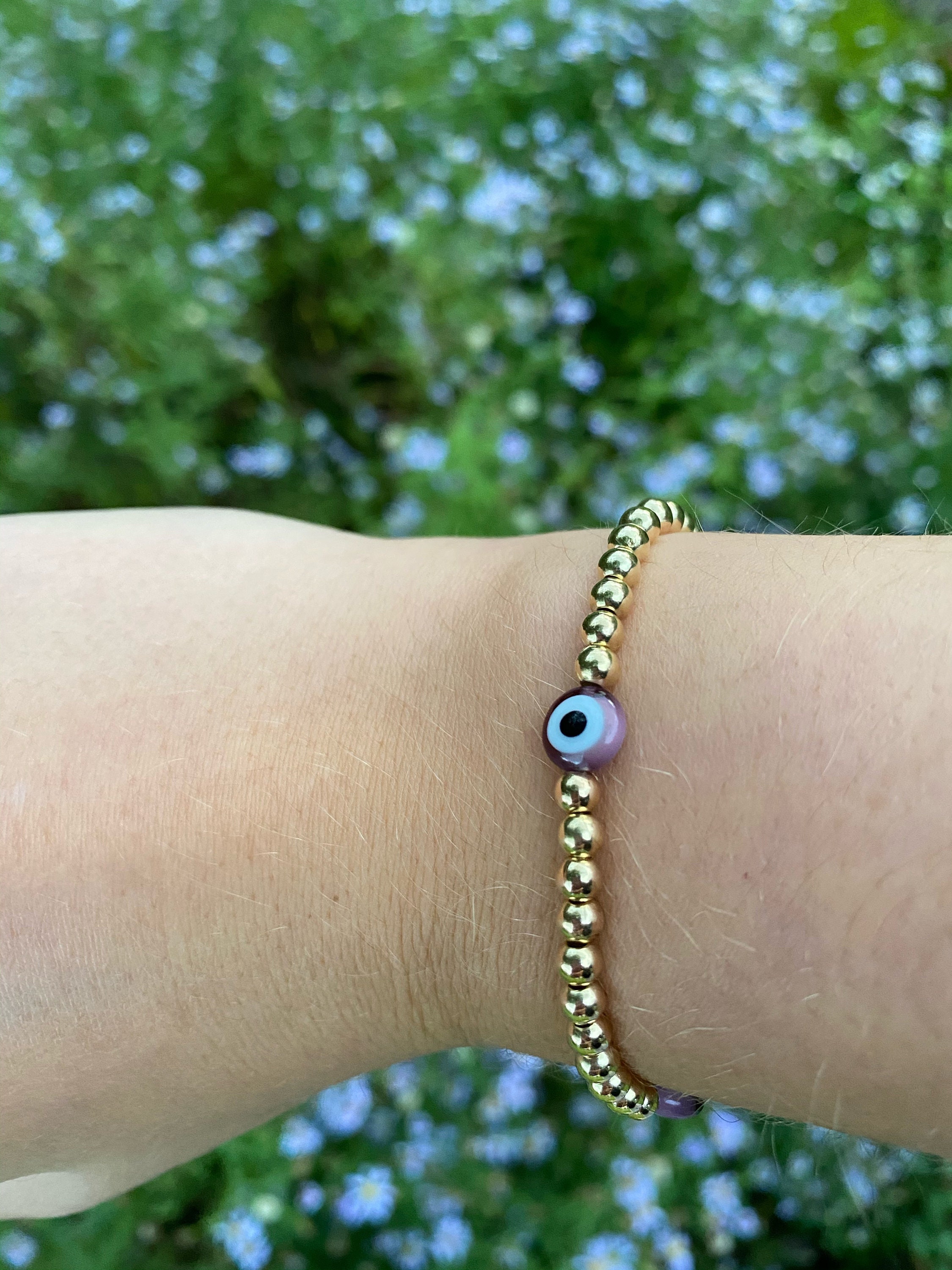 Purple Evil Eye Beaded Bracelet With Gold Beads Etsy