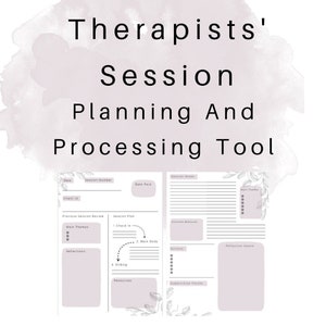 Könnte beinhalten: Ein druckbares Tool zur Planung und Verarbeitung von Therapiesitzungen mit Abschnitten für Sitzungsnotizen, Überprüfung der vorherigen Sitzung, Sitzungsplan, Ergebnismaße, Aktionen, Reflexionsraum, Ressourcen und Supervisionspunkte.