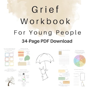 Cuaderno de trabajo sobre duelo y pérdida para niños y adolescentes. Descarga digital de 34 páginas. Hojas de trabajo para la salud mental y el bienestar.