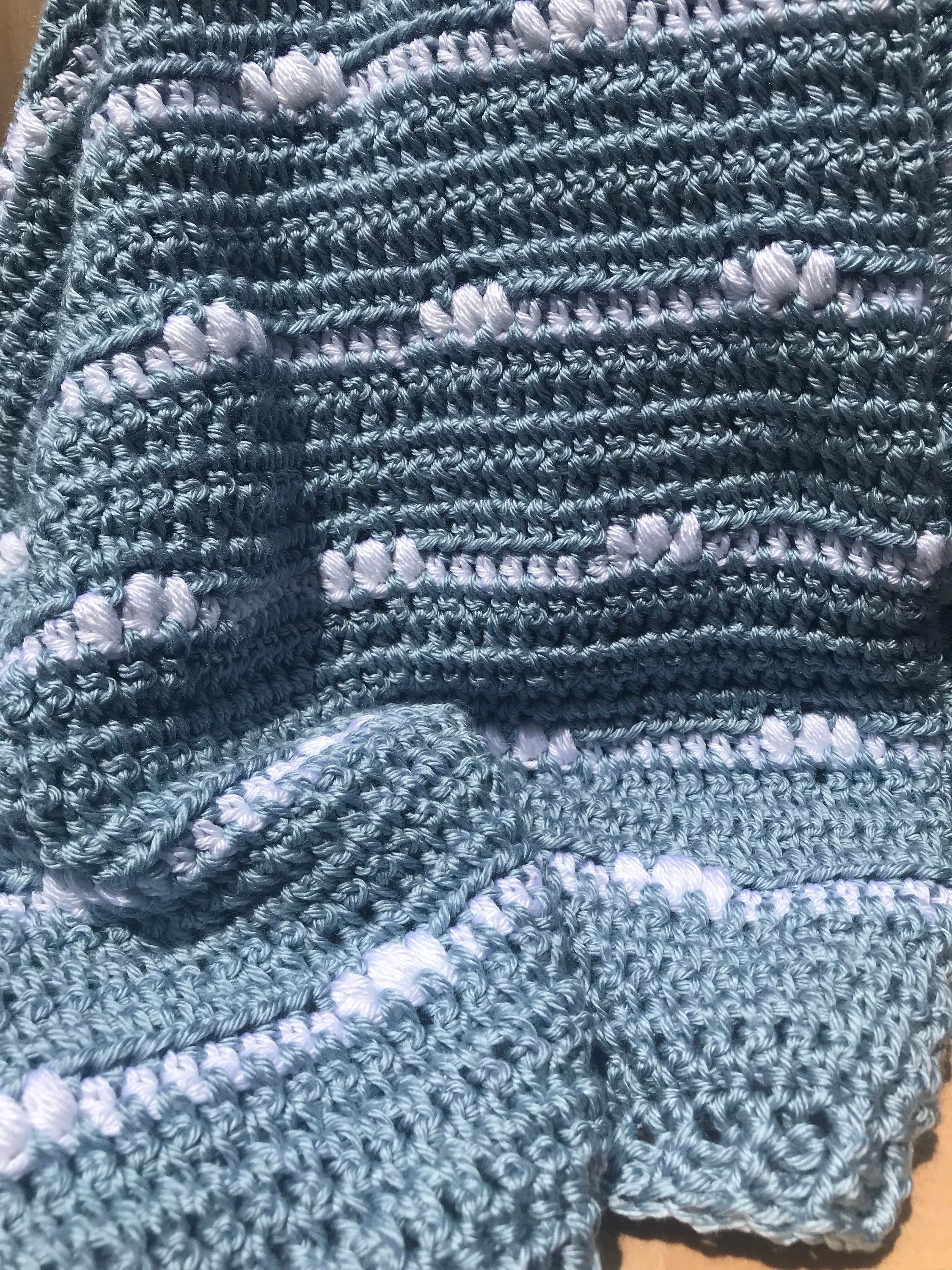 Horizontal/vertical Striped Blue and White Crocheted Square Baby