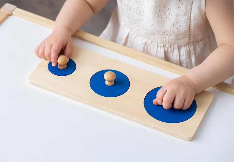 May include: A wooden board with three blue circles, each with a wooden knob in the centre. A child's hand is shown placing the knob into one of the circles.