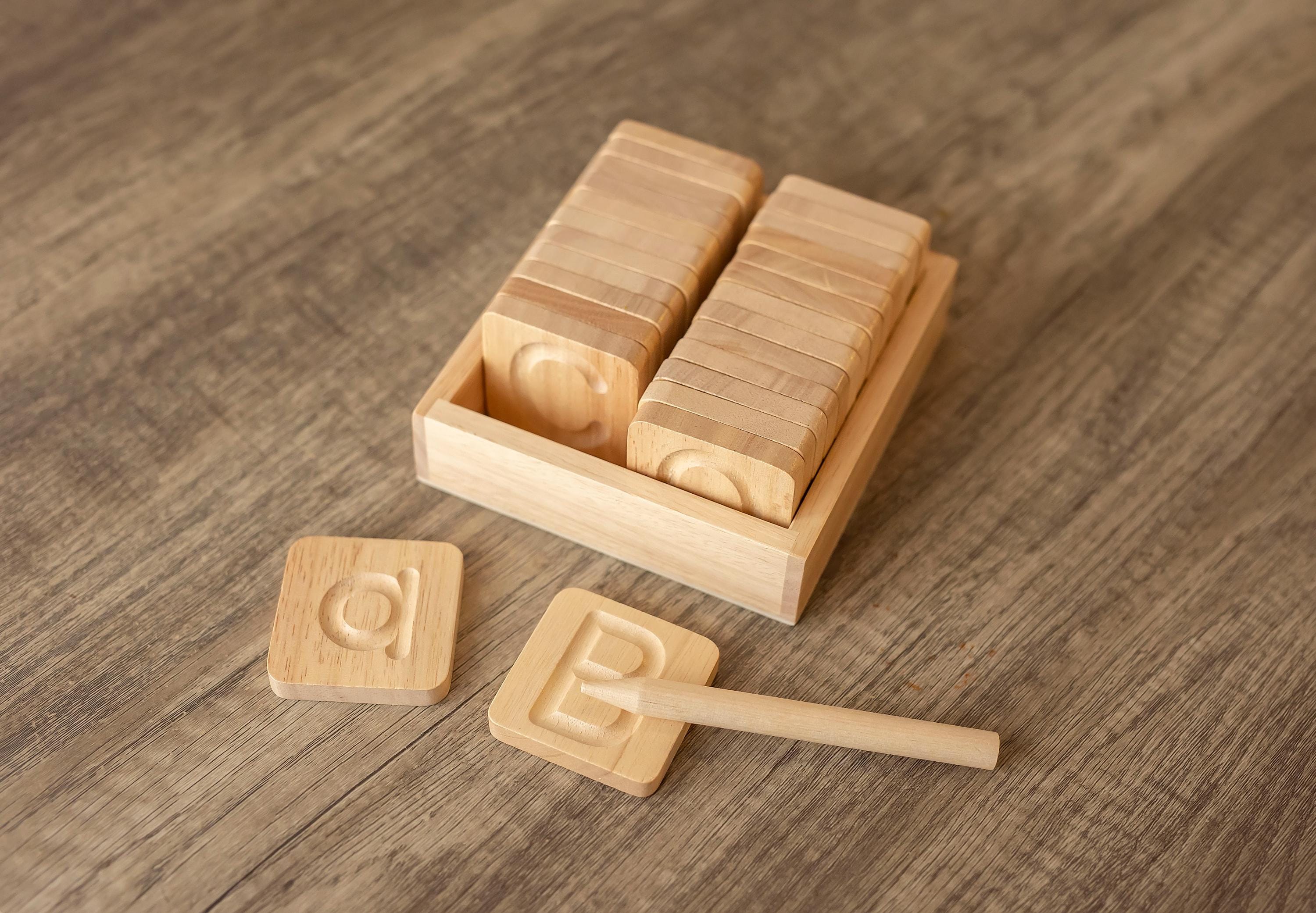 Wooden Alphabet ABC Tracing Cards Set with Stylus for toddlers, Reversible Uppercase & Lowercase Montessori Waldorf Homeschooling